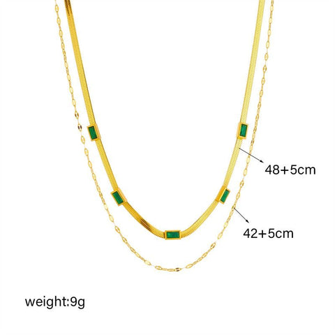 Zirconia Blade Chain Double-Layer Necklace, Gold-Plated Titanium Steel Women's Vintage-Style Luxury Necklace - Clear