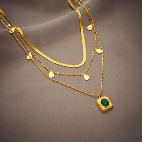 French Vintage Emerald Pendant Three-Tier Layered Necklace, 18K Gold-Plated Titanium Collier