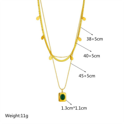 French Vintage Emerald Pendant Three-Tier Layered Necklace, 18K Gold-Plated Titanium Collier