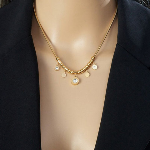 Roman-Style Diamond-Studded Round Bead Necklace, Gold-Plated Titanium Steel Collar Necklace, Unique Vintage Jewelry for Women