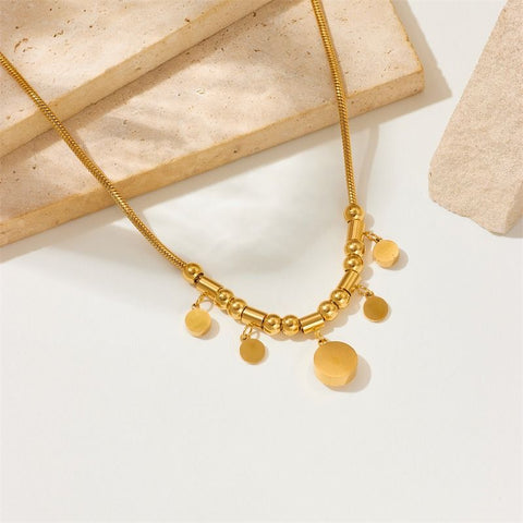 Roman-Style Diamond-Studded Round Bead Necklace, Gold-Plated Titanium Steel Collar Necklace, Unique Vintage Jewelry for Women