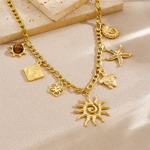 Ocean-themed multi-pendant necklace, gold-plated titanium steel choker, women's vacation-inspired fashion necklace