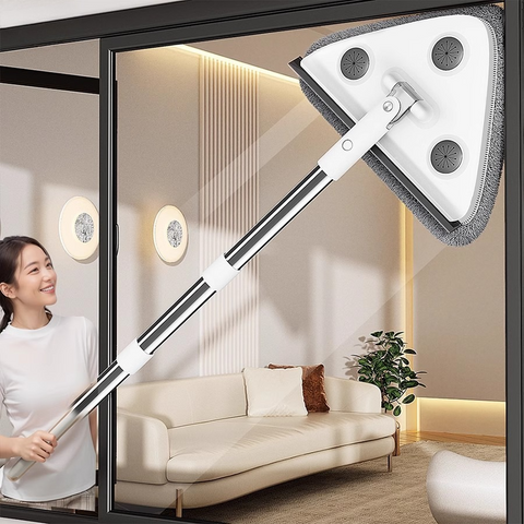 Telescopic Triangle Cleaning Mop with Squeegee, 2-in-1 Window Cleaner with 2 Replacement Pads
