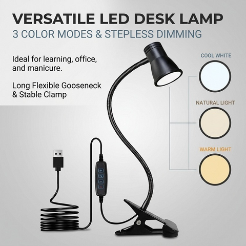 Clip-On LED Desk Lamp, 3 Color Modes & 3 Brightness Levels, Flexible Gooseneck Eye-Caring Light for Study, Manicure, Photography