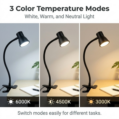 Clip-On LED Desk Lamp, 3 Color Modes & 3 Brightness Levels, Flexible Gooseneck Eye-Caring Light for Study, Manicure, Photography
