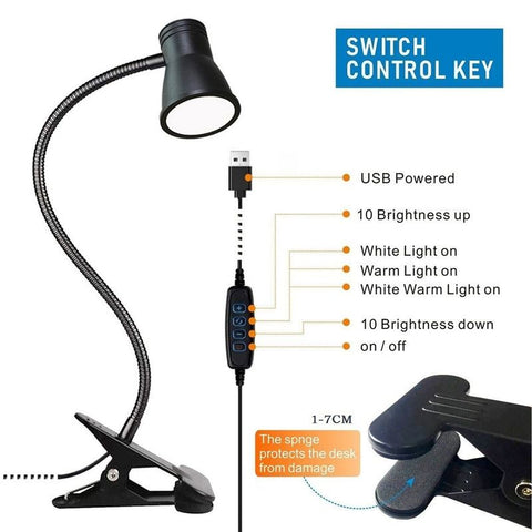Clip-On LED Desk Lamp, 3 Color Modes & 3 Brightness Levels, Flexible Gooseneck Eye-Caring Light for Study, Manicure, Photography