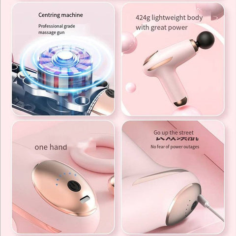 Pink - Portable Mini Fascia Gun with 4 Massage Heads, Type-C Rechargeable Low-Noise Handheld Percussion Massager for the Gym