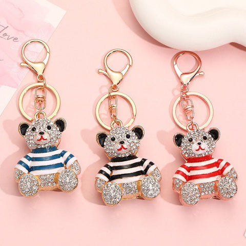 Red - Rhinestone Striped Bear Keychain, Cute Enamel Cartoon Bear Bag Charm Pendant, Alloy Bling Key Ring Accessories for Gifts & Bag Decoration