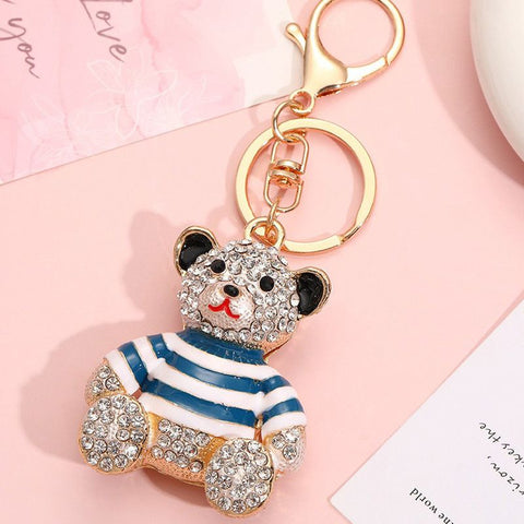 Blue - Rhinestone Striped Bear Keychain, Cute Enamel Cartoon Bear Bag Charm Pendant, Alloy Bling Key Ring Accessories for Gifts & Bag Decoration