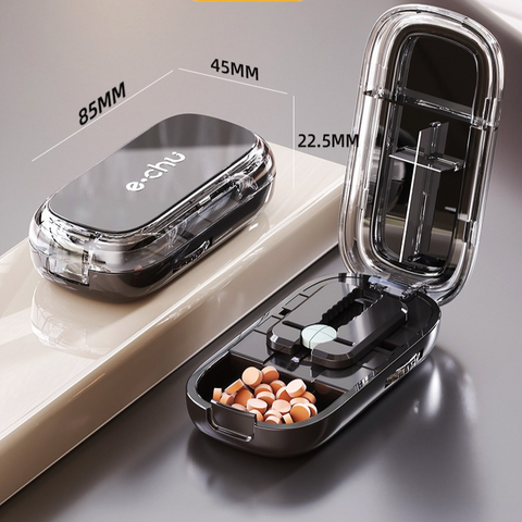 2-in-1 Pill Cutter with Storage Box, Adjustable Rotary Clip Pill Splitter for Halving and Quartering, Portable Travel Medicine Container for Various Tablet Sizes - White