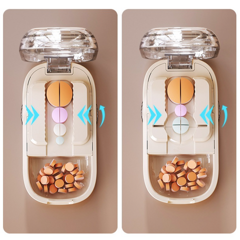 2-in-1 Pill Cutter with Storage Box, Adjustable Rotary Clip Pill Splitter for Halving and Quartering, Portable Travel Medicine Container for Various Tablet Sizes—Blue