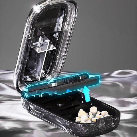 2-in-1 Pill Cutter with Storage Box, Adjustable Rotary Clip Pill Splitter for Halving and Quartering, Portable Travel Medicine Container for Various Tablet Sizes—Blue