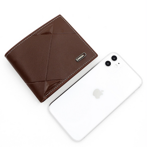 Men's Short Bifold PU Wallet, Geometric Embossed Billfold with Multiple Card Slots and Zipper Coin Pocket for Business and Casual Daily Use - Light Brown