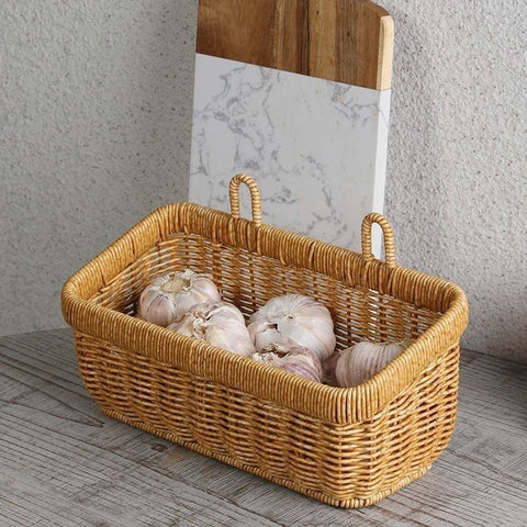 Artificial Rattan Wall Mount Storage Basket, Washable Plastic Woven Hanging Organizer for Kitchen Garlic Ginger Spice(S)