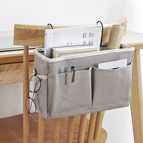 Bedside Caddy Storage Organizer with Metal Hooks, Multi-Pocket Linen Hanging Bed Caddy for Dorm Bunk Beds, Sofas—White