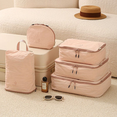 5-Piece Travel Packing Cube Set, Wrinkle-Resistant Nylon Luggage Organizer Bags with Cosmetic Bag & Shoe Bag for Clothing and Toiletries Storage - Pink