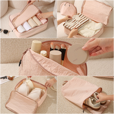 5-Piece Travel Packing Cube Set, Wrinkle-Resistant Nylon Luggage Organizer Bags with Cosmetic Bag & Shoe Bag for Clothing and Toiletries Storage - Pink