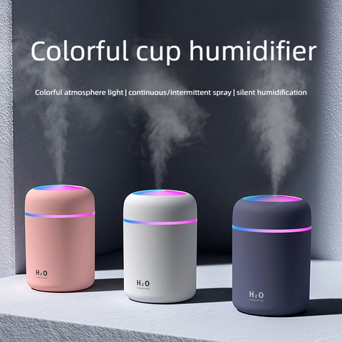Mini Colorful Cup Humidifier, 300ml Portable USB Cool Mist Humidifier with 7-Color Night Light, for Car, Bedroom, Desk, and Office - Pink