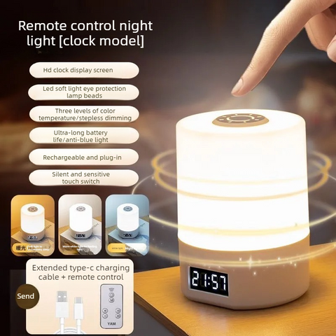 Remote Control Touch Bedside Night Light with Digital Clock, 3 Color Temperature & Dimmable LED Table Lamp,for Bedroom Baby Room Dorm