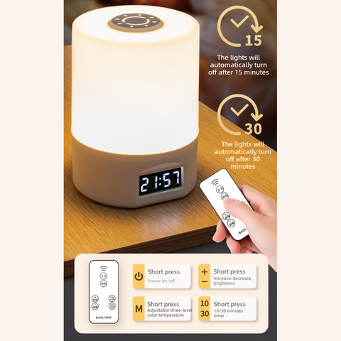 Remote Control Touch Bedside Night Light with Digital Clock, 3 Color Temperature & Dimmable LED Table Lamp,for Bedroom Baby Room Dorm
