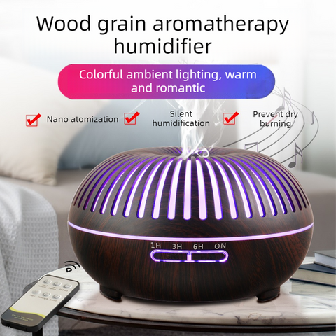 550ML Wood-Grain Aroma Diffuser and Humidifier with Bluetooth Speaker, 7-Color LED Night Light, Remote Control, Timer, and Auto Shut-Off – Light Wood