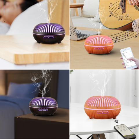 550ML Wood-Grain Aroma Diffuser and Humidifier with Bluetooth Speaker, 7-Color LED Night Light, Remote Control, Timer, and Auto Shut-Off – Dark Wood