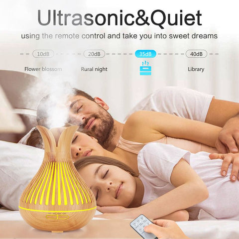 Wood Grain Flower Vase Diffuser and Humidifier, 7-Color LED Light, Timer, and Remote Control, 500 mL Ultrasonic Aroma Diffuser—Light Wood