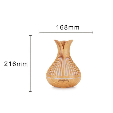 Wood Grain Flower Vase Diffuser and Humidifier, 7-Color LED Light, Timer, and Remote Control, 500 mL Ultrasonic Aroma Diffuser—Light Wood