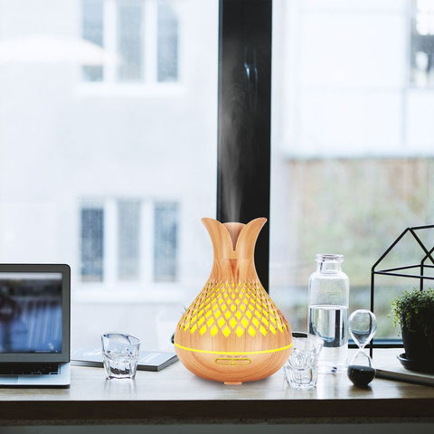 500ML Diamond Hollow Wood Grain Diffuser Humidifier, 7-Color LED Night Light, Remote Control, Timer, Continuous & Intermittent Mist - Light Wood