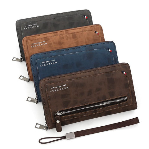 Vintage PU Leather Long Wallet for Men, Zipper-Around Phone Clutch with Detachable Wrist Strap - Black