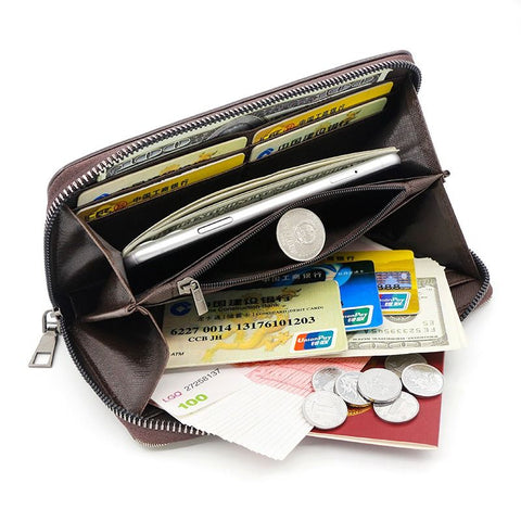 Vintage PU Leather Long Wallet for Men, Zipper-Around Phone Clutch with Detachable Wrist Strap - Light Brown