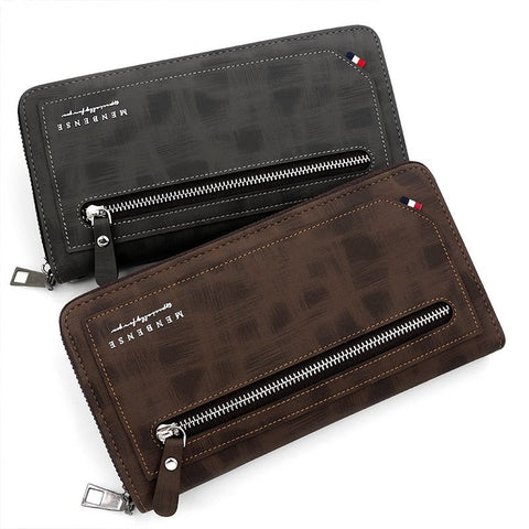 Vintage PU Leather Long Wallet for Men, Zipper-Around Phone Clutch with Detachable Wrist Strap - Dark Brown