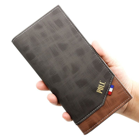 Men's Long Bifold PU Leather Wallet, Vintage Plaid Patchwork Business Card Holder with Zipper Coin Pocket & ID Photo Slot (Black)