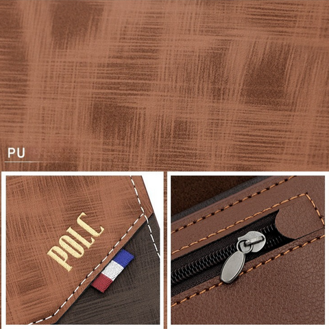 Men's Long Bifold PU Leather Wallet, Vintage Plaid Patchwork Business Card Holder with Zipper Coin Pocket & ID Photo Slot (Dark Brown)