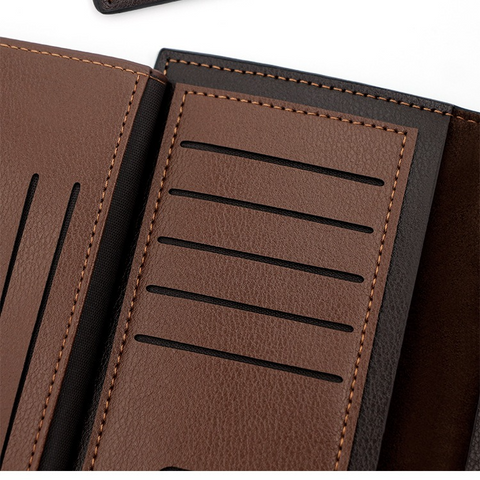 Men's Long Bifold PU Leather Wallet, Vintage Plaid Patchwork Business Card Holder with Zipper Coin Pocket & ID Photo Slot (Dark Brown)