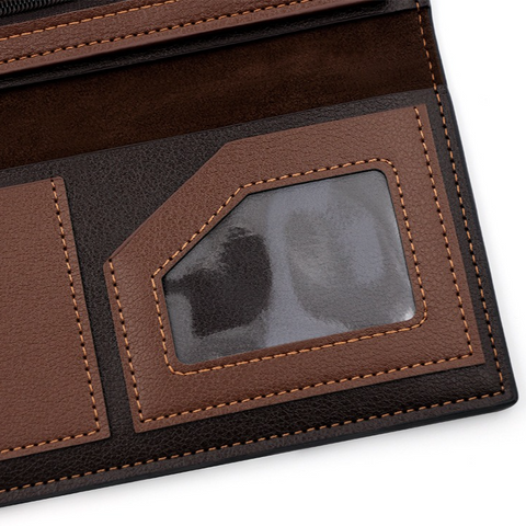 Men's Long Bifold PU Leather Wallet, Vintage Plaid Patchwork Business Card Holder with Zipper Coin Pocket & ID Photo Slot (Brown)