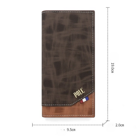 Men's Long Bifold PU Leather Wallet, Vintage Plaid Patchwork Business Card Holder with Zipper Coin Pocket & ID Photo Slot (Brown)