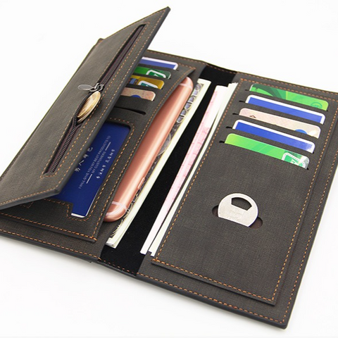 Men's Long Bifold PU Leather Wallet, Fabric-Textured Business Card Case with Zipper Coin Pocket, Multi-Card Slot Suit Pocket Purse for Daily Work and Travel (Blue)