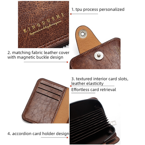Vintage Waxed PU Leather Card Holder Wallet, Snap Button Zipper Coin Purse, Multi-Card Slot Mini Credit Card Case for Men and Women (Black)