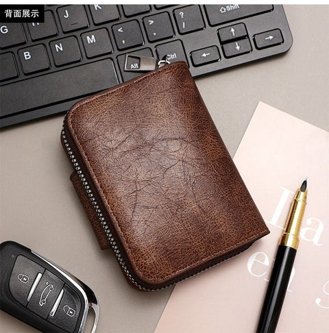 Vintage Waxed PU Leather Card Holder Wallet, Snap Button Zipper Coin Purse, Multi-Card Slot Mini Credit Card Case for Men and Women (Dark Brown)