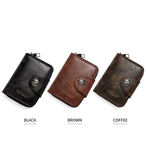 Vintage Waxed PU Leather Card Holder Wallet, Snap Button Zipper Coin Purse, Multi-Card Slot Mini Credit Card Case for Men and Women (Dark Brown)