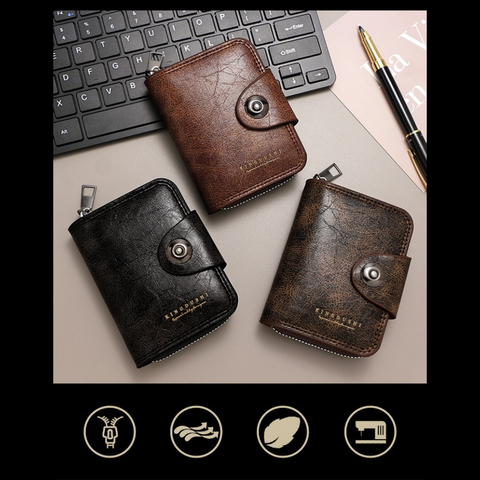 Vintage Waxed PU Leather Card Holder Wallet, Snap Button Zipper Coin Purse, Multi-Card Slot Mini Credit Card Case for Men and Women (Brown)
