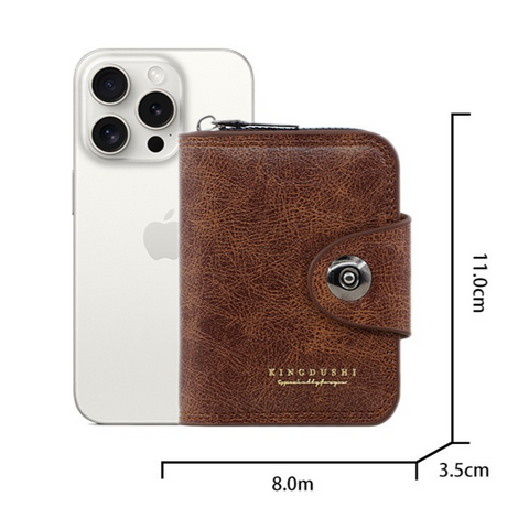 Vintage Waxed PU Leather Card Holder Wallet, Snap Button Zipper Coin Purse, Multi-Card Slot Mini Credit Card Case for Men and Women (Brown)