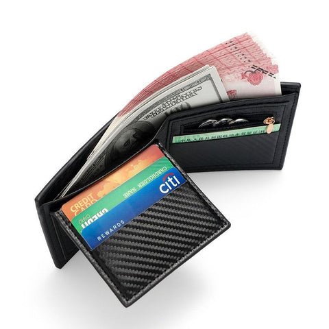 Men's Short Bifold Carbon Fiber Texture PU Wallet, Multi-Card Slot Purse with Zipper Coin Pocket & ID Photo Window for Daily Use (Black)