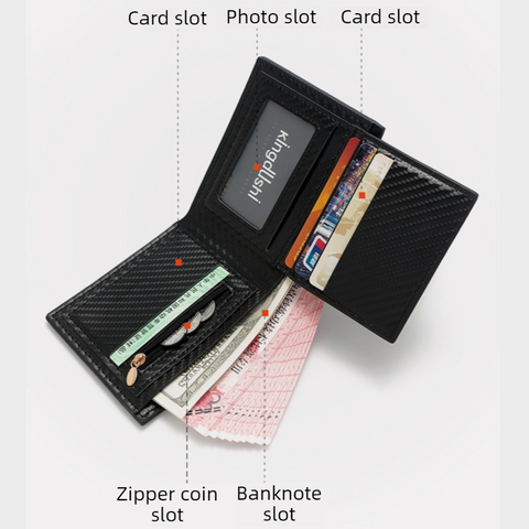 Men's Short Bifold Carbon Fiber Texture PU Wallet, Multi-Card Slot Purse with Zipper Coin Pocket & ID Photo Window for Daily Use (Blue)