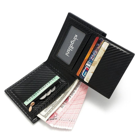 Men's Short Bifold Carbon Fiber Texture PU Wallet, Multi-Card Slot Purse with Zipper Coin Pocket & ID Photo Window for Daily Use (Blue)