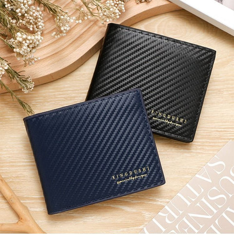 Men's Short Bifold Carbon Fiber Texture PU Wallet, Multi-Card Slot Purse with Zipper Coin Pocket & ID Photo Window for Daily Use (Blue)
