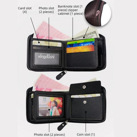 Full-Zip Carbon Fiber PU Wallet for Men, Multi-Card Slot Snap Coin Purse with ID Photo Window - Black