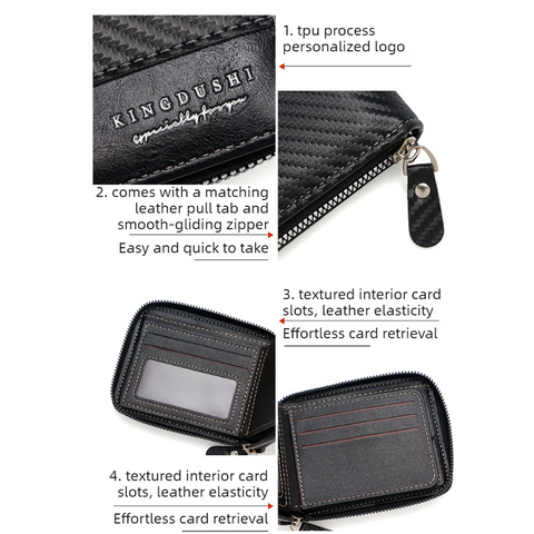 Full-Zip Carbon Fiber PU Wallet for Men, Multi-Card Slot Snap Coin Purse with ID Photo Window - Silver