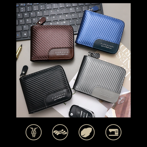 Full-Zip Carbon Fiber PU Wallet for Men, Multi-Card Slot Snap Coin Purse with ID Photo Window - Silver